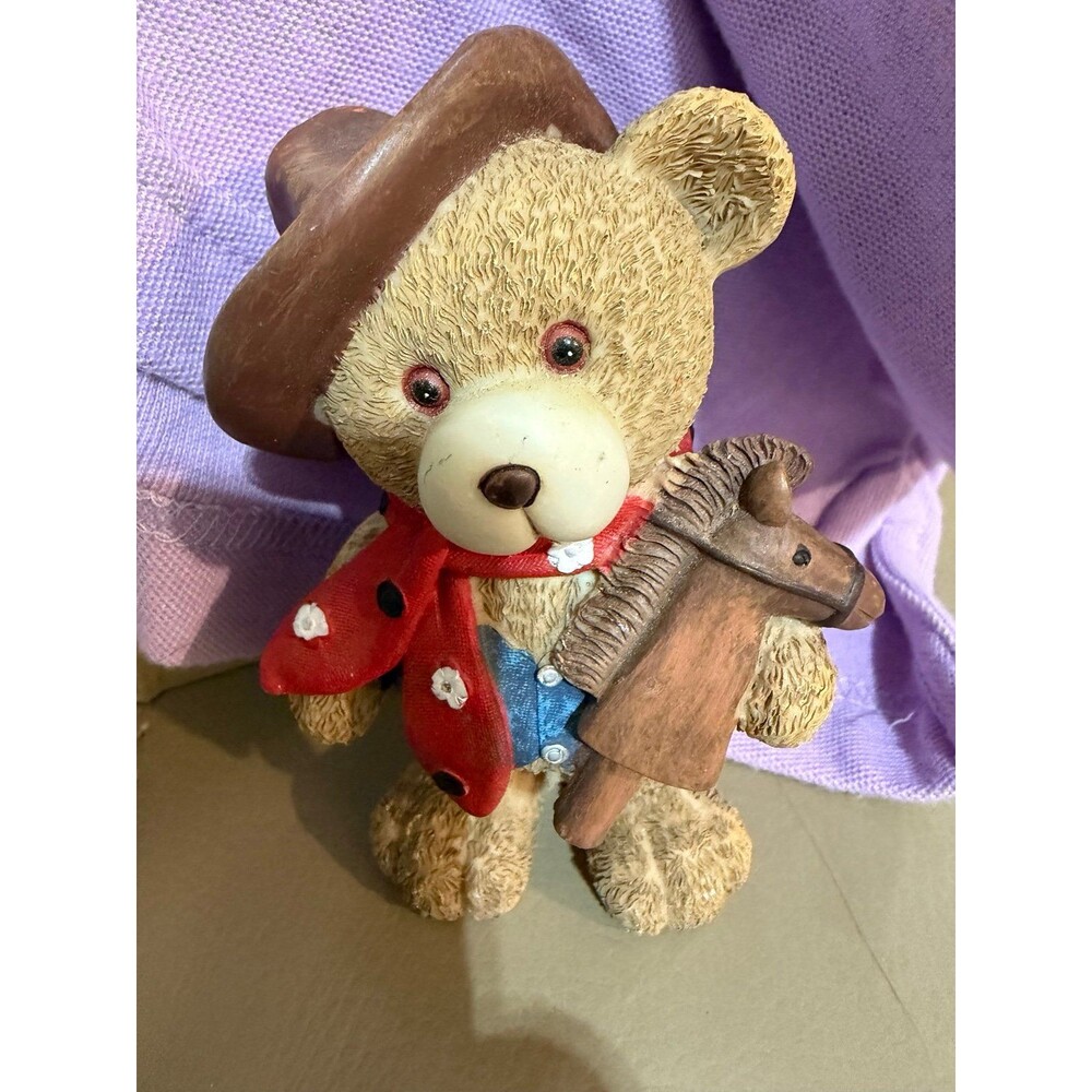 Vintage Cowboy Teddy Bear Figurine Holding Hobby Horse Western Resin Decor